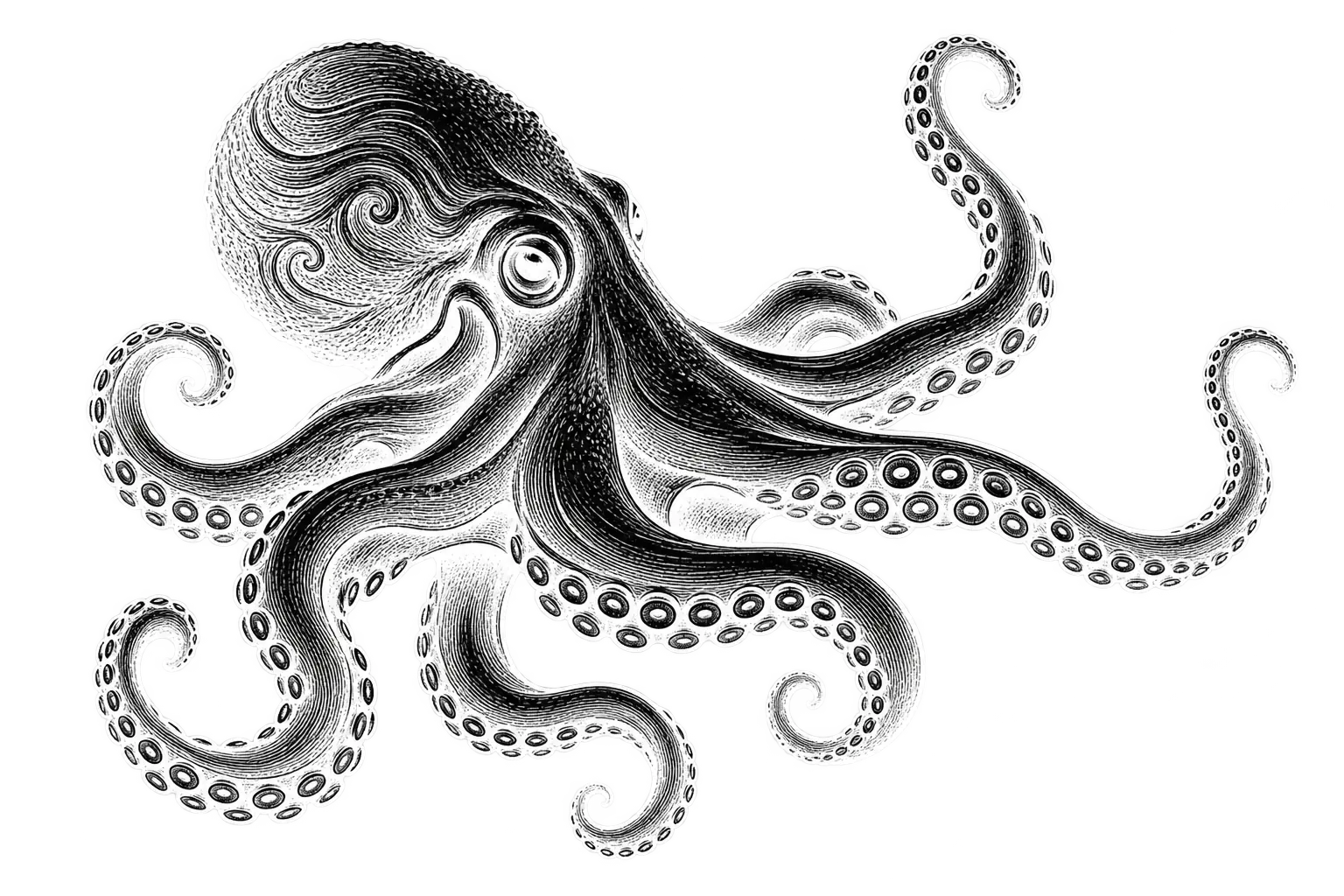 Intricate black-and-white illustration of an octopus with reaching tentacles